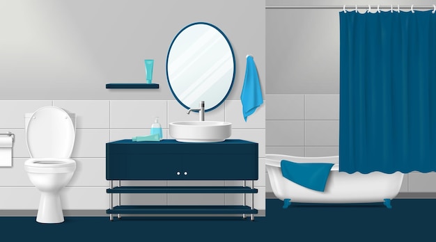 Vecteur gratuit intérieur de salle de bain moderne dans des tons bleus avec miroir mural de baignoire de toilette blanche et accessoires illustration vectorielle réaliste