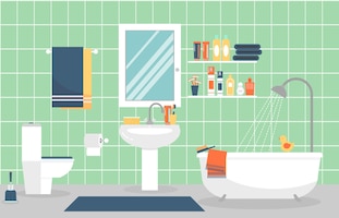 Vecteur gratuit intérieur de salle de bain moderne avec des meubles de style plat. conception de salle de bain moderne, dentifrice et brosse à dents, rasoir et lotion.