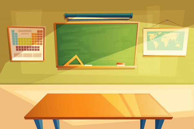 intérieur de la salle de classe. Université, concept éducatif, tableau noir et table.