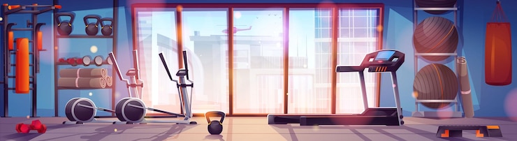 Vecteur gratuit intérieur de la salle de sport avec équipement d'exercice pour un mode de vie actif et la santé physique tapis roulant multifonctionnel, tour de puissance, elliptique et haltères à l'intérieur d'un club de fitness moderne équipement d'entraînement sportif