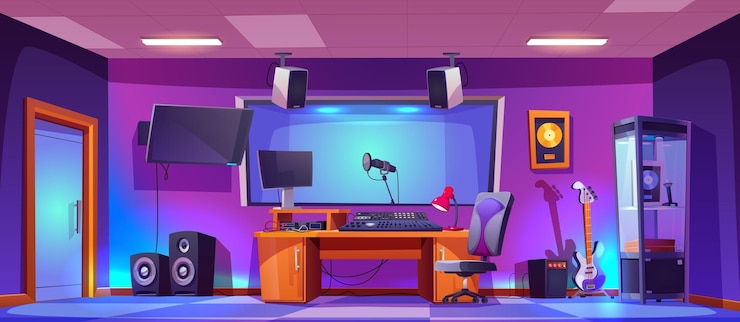 Vecteur gratuit intérieur de la salle de studio d'enregistrement de musique professionnelle