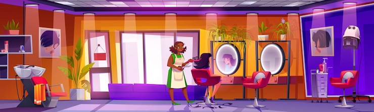Vecteur gratuit intérieur de salon de beauté avec styliste et client