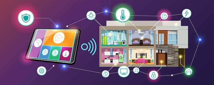 Vecteur gratuit internet des objets connexion intelligente iot et dispositif de contrôle dans le réseau de l'industrie et résident n'importe où n'importe quand n'importe qui et n'importe quelle entreprise avec internet la technologie informatique pour futuriste du monde