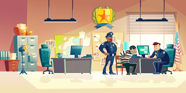 Vecteur gratuit interrogatoire criminel en illustration de dessin animé de police