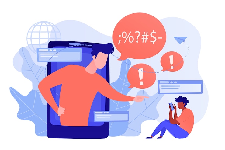 Vecteur gratuit intimidateur dans un smartphone harcelant, menaçant et intimidant une victime bouleversée en ligne. cyberintimidation, inondation en ligne, concept de harcèlement sur les réseaux sociaux. illustration isolée de bleu corail rose