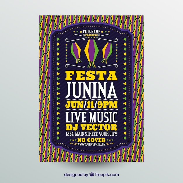 Vecteur gratuit invitation d'affiche festa junina avec motif plat