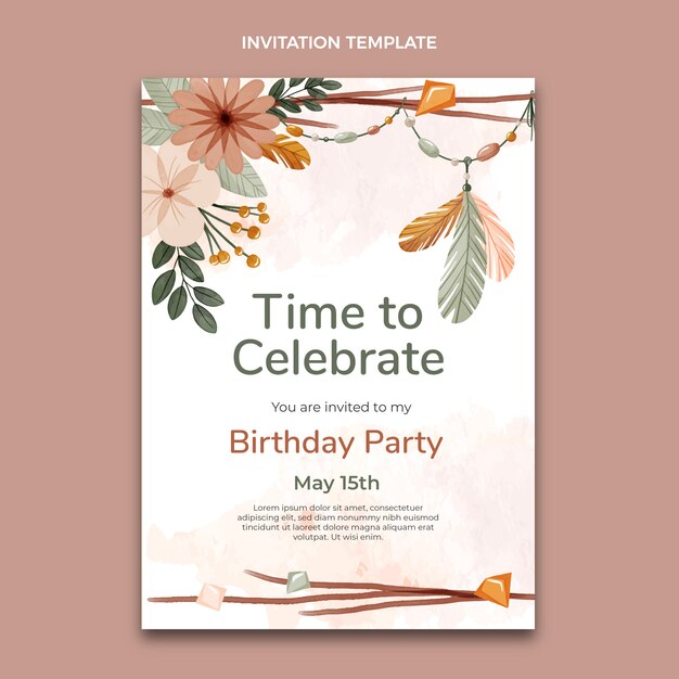 Invitation D'anniversaire Boho Aquarelle