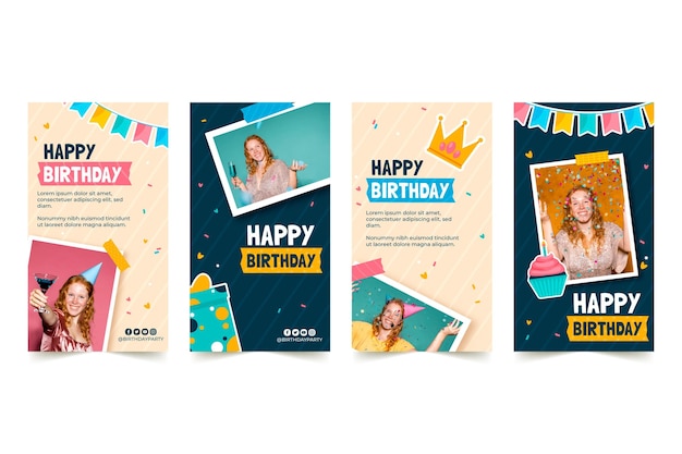 Vecteur gratuit invitation d'anniversaire collection d'histoires instagram