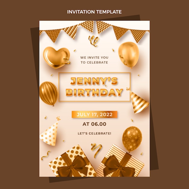 Invitation d'anniversaire dorée de luxe réaliste