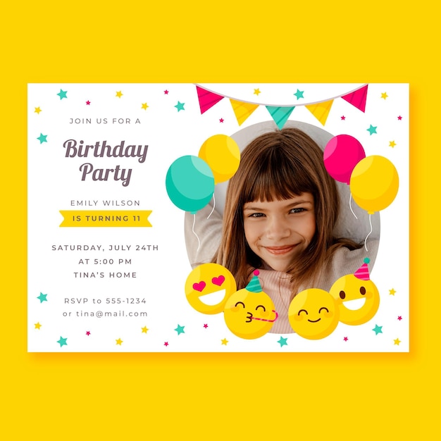 Vecteur gratuit invitation d'anniversaire emoji plat avec photo
