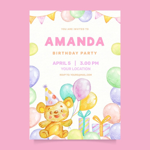 Invitation D'anniversaire Enfants Aquarelle Avec Des Ballons