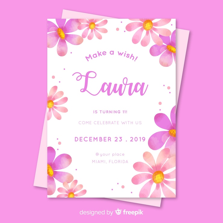 Vecteur gratuit invitation d'anniversaire floral pour modèle fille