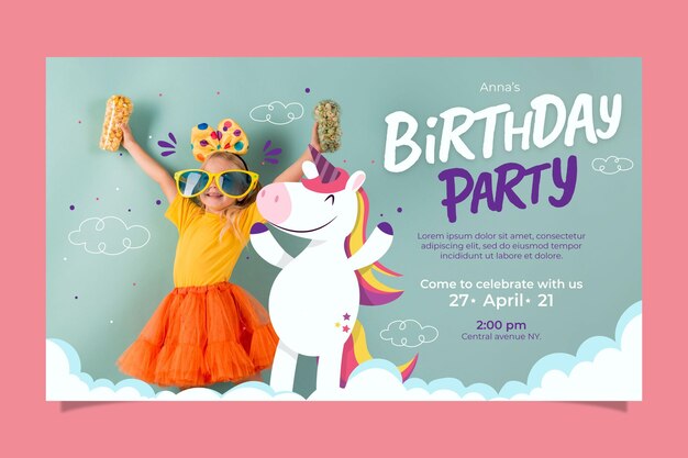 Invitation d'anniversaire de licorne plat bio avec photo