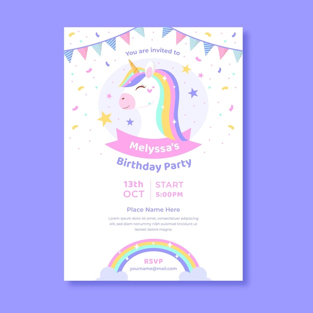 Vecteur gratuit invitation d'anniversaire de licorne plate