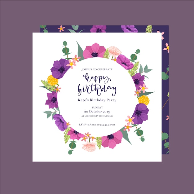 Invitation D'anniversaire Mignon Avec Des Fleurs