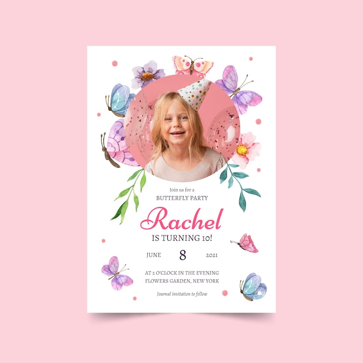 Vecteur gratuit invitation d'anniversaire papillon aquarelle avec photo