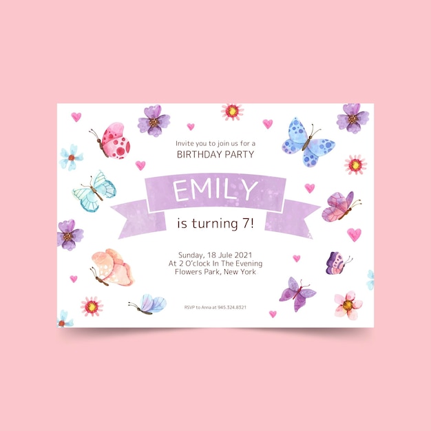 Invitation d'anniversaire papillon peinte à la main