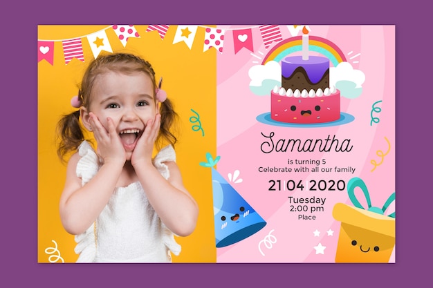 Vecteur gratuit invitation d'anniversaire pour enfants avec modèle photo