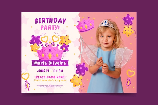 Vecteur gratuit invitation d'anniversaire princesse plate