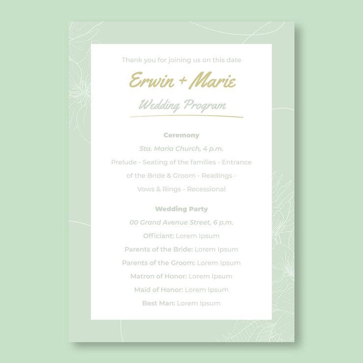 Vecteur gratuit invitation au programme de mariage vert pastel