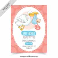 Vecteur gratuit invitation de baby shower dessinée à la main avec la cigogne et le bébé