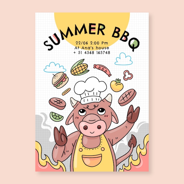 Invitation de barbecue d'été dessiné à la main avec taureau