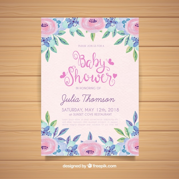 Vecteur gratuit invitation de douche de bébé avec des fleurs dans un style aquarelle