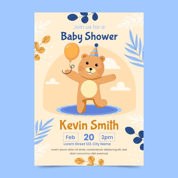 Vecteur gratuit invitation de douche de bébé ours en peluche dessiné à la main