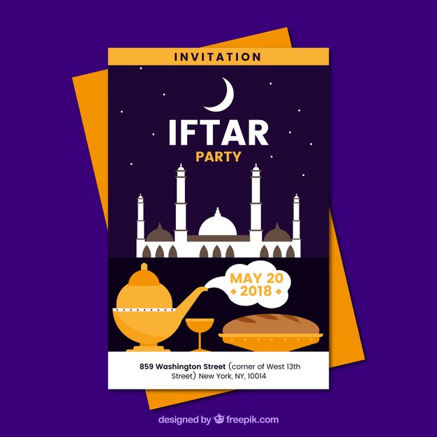 Invitation de fête Iftar avec mosquée et théière