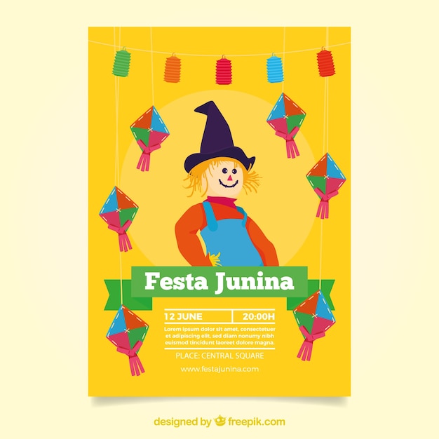 Vecteur gratuit invitation de fête junina d'épouvantail jaune