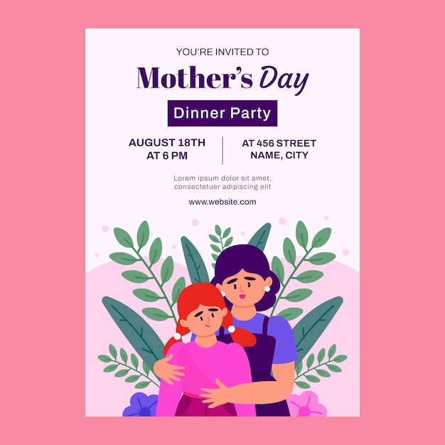 Vecteur gratuit invitation de fête des mères plate dessinée à la main