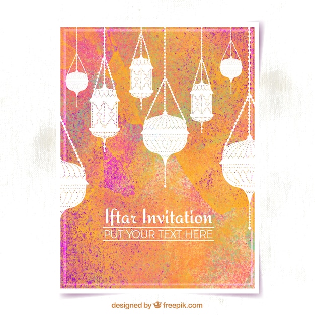 Vecteur gratuit invitation d'iftar d'aquarelle avec des silhouettes de lanternes