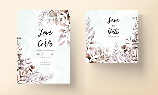 Vecteur gratuit invitation de mariage aquarelle avec de belles feuilles brunes poussiéreuses