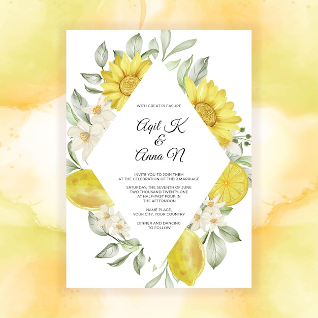 Vecteur gratuit invitation de mariage aquarelle fleur de citron de printemps