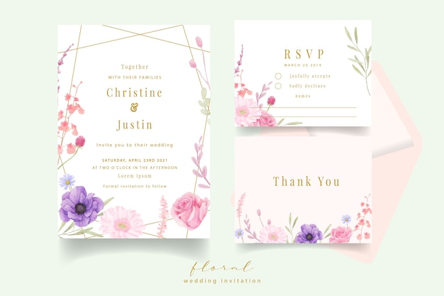 Invitation De Mariage Avec Aquarelle Rose, Anémone Et Fleurs De Gerbera