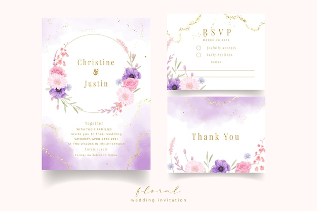 Invitation De Mariage Avec Aquarelle Rose, Anémone Et Fleurs De Gerbera