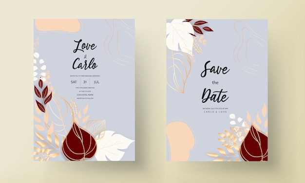 Vecteur gratuit invitation de mariage boho avec des feuilles d'or à contours élégants