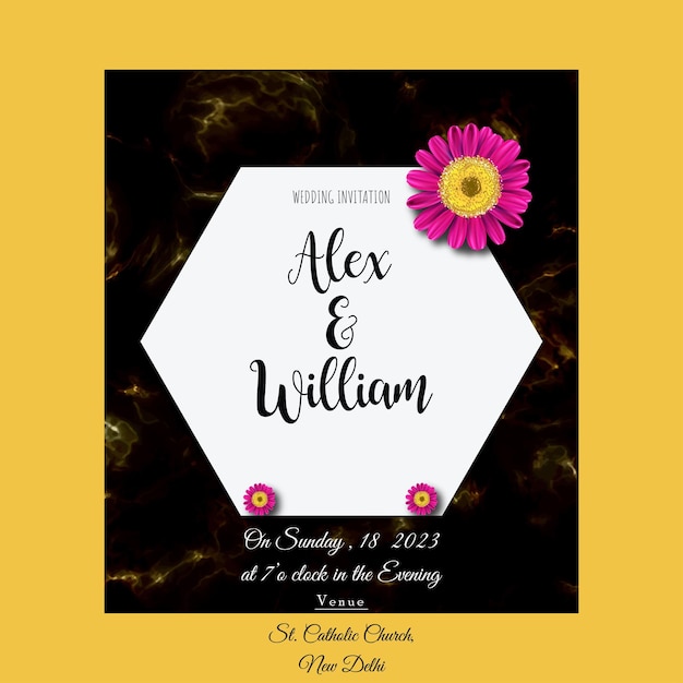 Invitation Mariage Coloré Jaune Fleurs Violettes Fond Cadre Blanc Carte Polyvalente