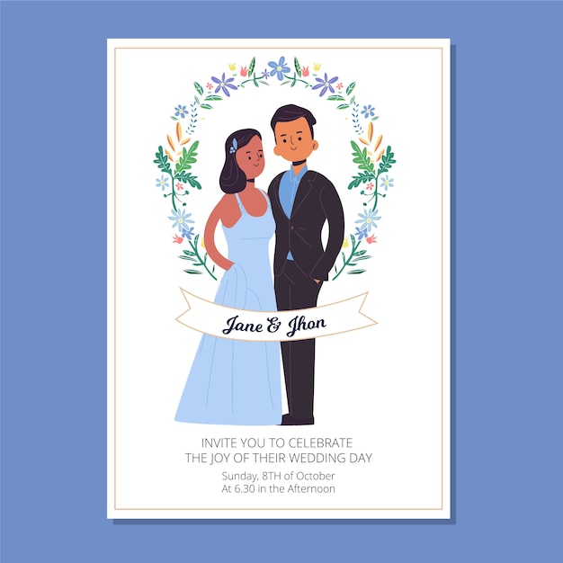 Vecteur gratuit invitation de mariage dessiné à la main avec un couple