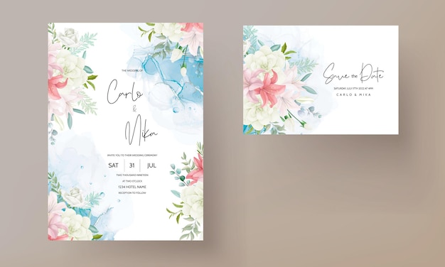 Vecteur gratuit invitation de mariage élégante avec une belle fleur et des feuilles de dessin à la main