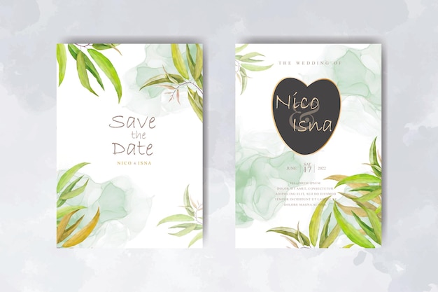 Invitation de mariage élégante et modèle de menu avec des feuilles