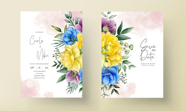 Vecteur gratuit invitation de mariage avec fleur et feuilles aquarelles