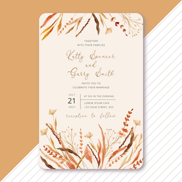 Vecteur gratuit invitation de mariage avec fleur séchée aquarelle