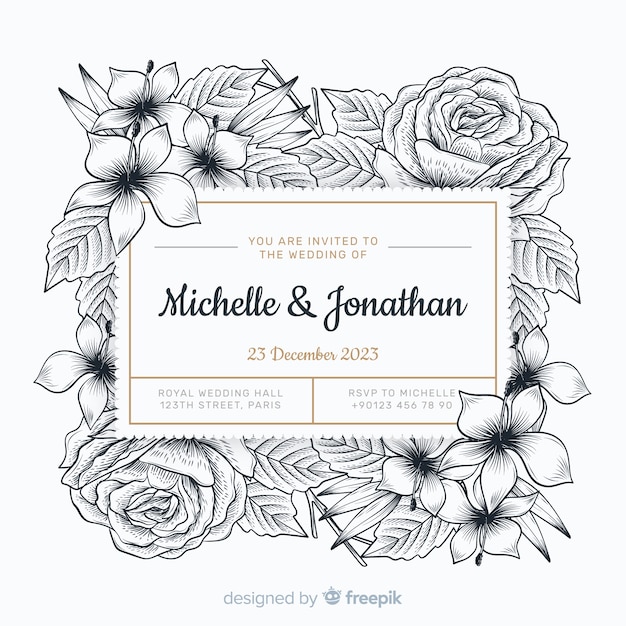 Vecteur gratuit invitation de mariage avec fleurs dessinées à la main