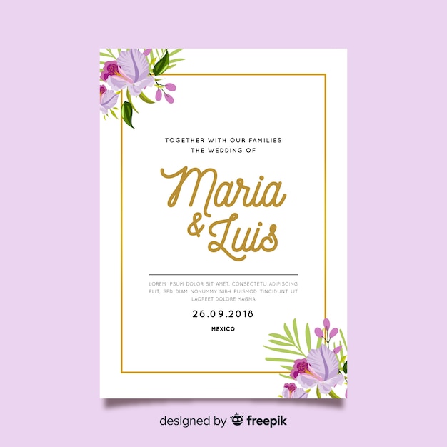 Invitation De Mariage Floral Avec Cadre Doré