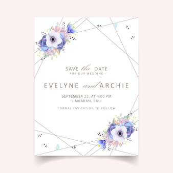 Invitation de mariage floral avec fleur d'anemone et succulente