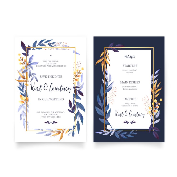 Vecteur gratuit invitation de mariage floral avec modèle de menu