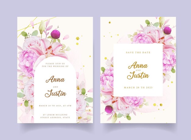 Invitation de mariage avec hortensia et lys roses roses aquarelles