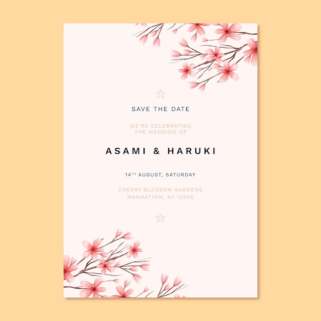 Vecteur gratuit invitation de mariage japonais avec de jolies fleurs