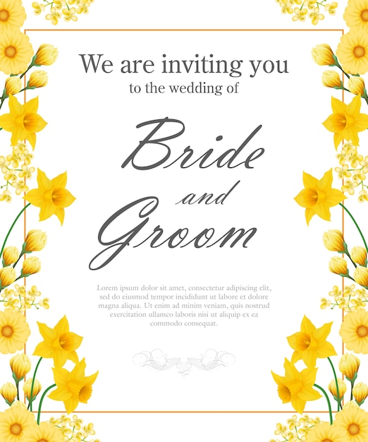 Invitation De Mariage Avec Des Jonquilles Jaunes Et Des Gerberas.